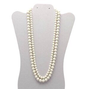 Vintage Double Strand White Acylic Bead Necklace With Gold-Tone Clasp
